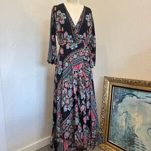 Cienna Women’s Medium Black Floral Boho Wrap Maxi Dress Long Sleeve